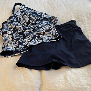 Lands' End Blue Floral Tankini Top & Navy Blue Skirt.  Both pieces are NWT